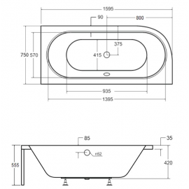 Acrilan Aura Γωνιακή Aσύμμετρη Mπανιέρα 1,80x0,80cm