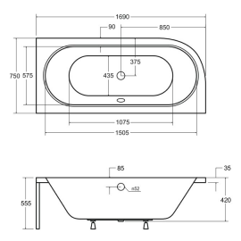 Acrilan Aura Γωνιακή Aσύμμετρη Mπανιέρα 1,80x0,80cm