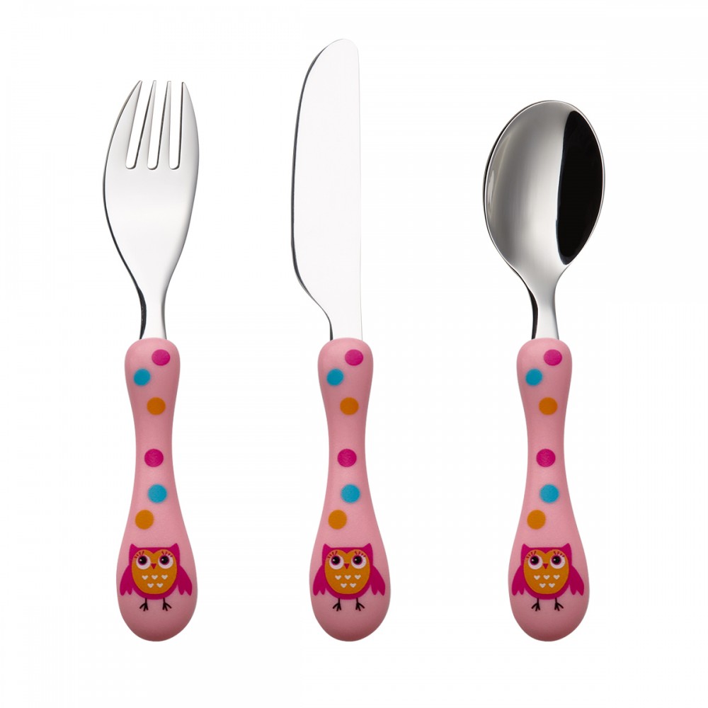 Cryspo Trio Σετ OWL PINK  Βρεφικά Μαχαιροπίρουνα από Μέταλλο 3τμχ